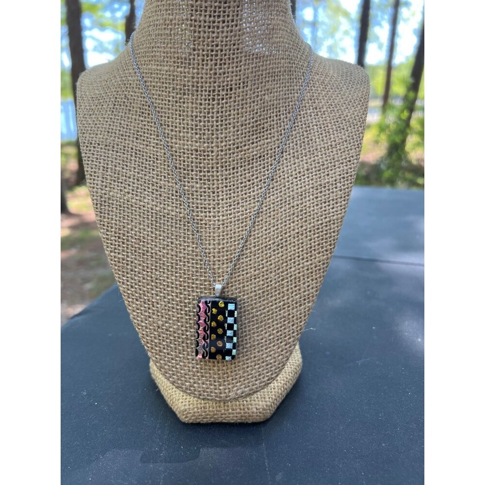 Dichoric Glass Pendant Necklace Geometric Design Rectangle Adjustable 18" - 20"